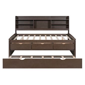Trikiousd Wooden Captain Bed w/Built-in Bookshelves & 3 Storage Drawers, Daybeds Bed Frame w/Trundle