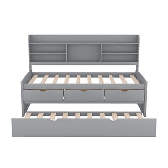 Trikiousd Wooden Captain Bed w/Built-in Bookshelves & 3 Storage Drawers, Daybeds Bed Frame w/Trundle