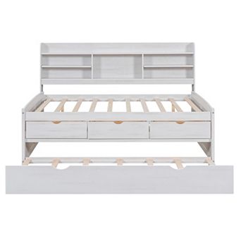 Trikiousd Wooden Captain Bed w/Built-in Bookshelves & 3 Storage Drawers, Daybeds Bed Frame w/Trundle