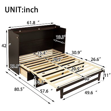 Trikiousd Queen Size Murphy Bed w/ Storage Drawer, Solid Pine Cabinet Bedframe w/ Rattan Decoration
