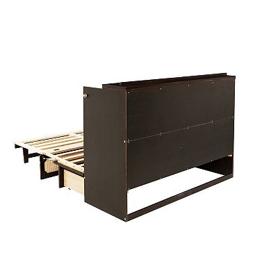Trikiousd Queen Size Murphy Bed w/ Storage Drawer, Solid Pine Cabinet Bedframe w/ Rattan Decoration