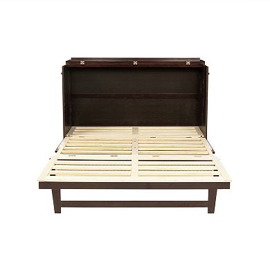 Trikiousd Queen Size Murphy Bed w/ Storage Drawer, Solid Pine Cabinet Bedframe w/ Rattan Decoration