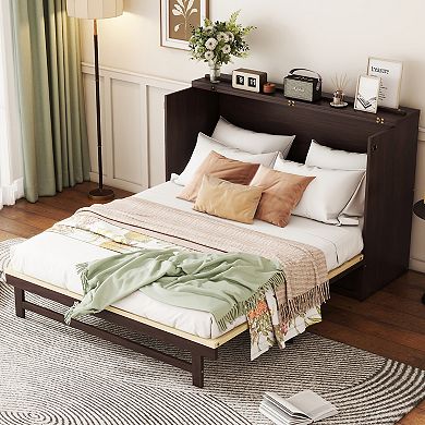 Trikiousd Queen Size Murphy Bed w/ Storage Drawer, Solid Pine Cabinet Bedframe w/ Rattan Decoration