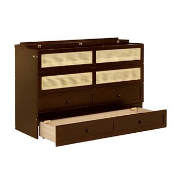 Trikiousd Queen Size Murphy Bed w/ Storage Drawer, Solid Pine Cabinet Bedframe w/ Rattan Decoration