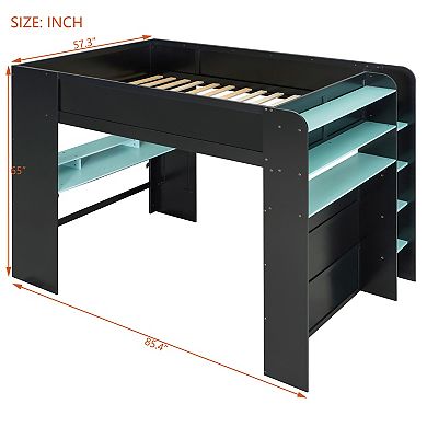 Trikiousd Full Size Bunk Bed Wood Gaming Bed w/ Height-Adjustable Desk, Wardrobe & RGB Light