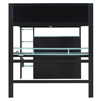 Trikiousd Full Size Bunk Bed Wood Gaming Bed w/ Height-Adjustable Desk, Wardrobe & RGB Light