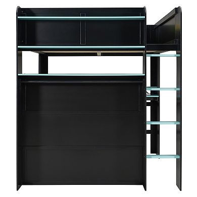 Trikiousd Full Size Bunk Bed Wood Gaming Bed w/ Height-Adjustable Desk, Wardrobe & RGB Light