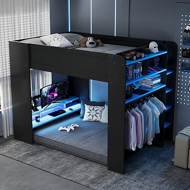Trikiousd Full Size Bunk Bed Wood Gaming Bed w/ Height-Adjustable Desk, Wardrobe & RGB Light
