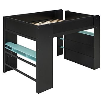 Trikiousd Full Size Bunk Bed Wood Gaming Bed w/ Height-Adjustable Desk, Wardrobe & RGB Light