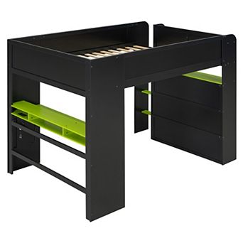 Trikiousd Full Size Bunk Bed Wood Gaming Bed w/ Height-Adjustable Desk, Wardrobe & RGB Light