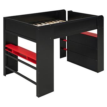 Trikiousd Full Size Bunk Bed Wood Gaming Bed w/ Height-Adjustable Desk, Wardrobe & RGB Light