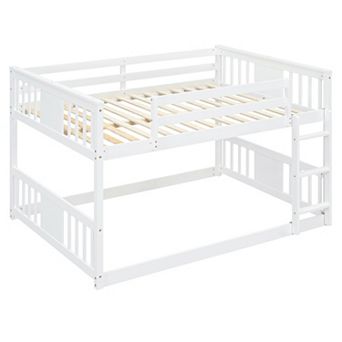 Trikiousd Low Bunk Bed Solid Wood Full Bed Frame with Ladder for Teens, Kids