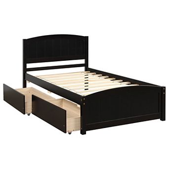 Trikiousd Twin Bed with 2 Storage Drawers, Wood Panel Bed Platform Bed for Kids Teens Adults