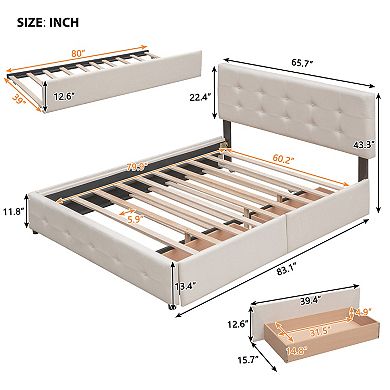 Trikiousd Modern Linen Upholstered Bed Queen Size Platform Bed Frame w/2 Drawers & 1 Twin XL Trundle