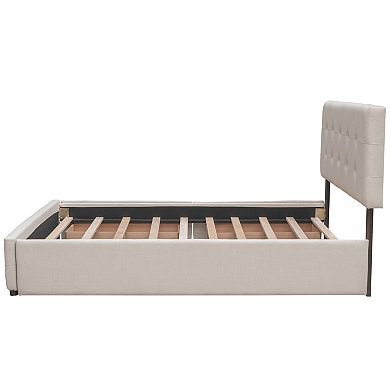 Trikiousd Modern Linen Upholstered Bed Queen Size Platform Bed Frame w/2 Drawers & 1 Twin XL Trundle