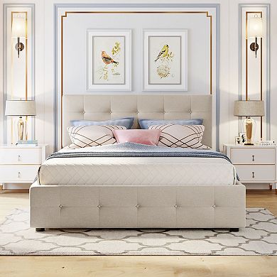 Trikiousd Modern Linen Upholstered Bed Queen Size Platform Bed Frame w/2 Drawers & 1 Twin XL Trundle