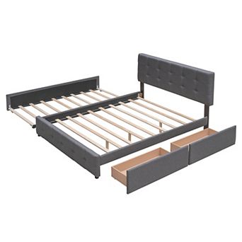 Trikiousd Modern Linen Upholstered Bed Queen Size Platform Bed Frame w/2 Drawers & 1 Twin XL Trundle