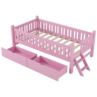 Trikiousd Twin Kids Bed with 2 Storage Drawers, Wood Montessori Bed Low Platform Bed with Guardrail