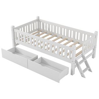 Trikiousd Twin Kids Bed with 2 Storage Drawers, Wood Montessori Bed Low Platform Bed with Guardrail