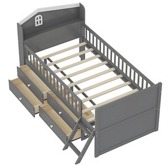 Trikiousd Twin Platform Bed w/ 4 Drawers & Guardrail Headboard, Wooden Kids Storage Bed w/ Ladder