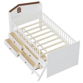 Trikiousd Twin Platform Bed w/ 4 Drawers & Guardrail Headboard, Wooden Kids Storage Bed w/ Ladder