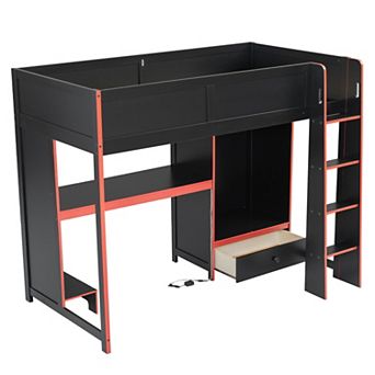 Trikiousd Gaming Bed Frame Wood Loft Bed with Built-in Desk, Wardrobe, Storage Drawer & LED