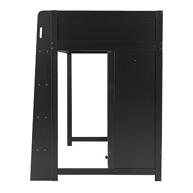 Trikiousd Gaming Bed Frame Wood Loft Bed with Built-in Desk, Wardrobe, Storage Drawer & LED