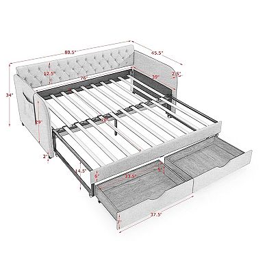 Trikiousd Twin Size Upholstery Daybed w/Trundle & 2 Drawers, Extendable Sofa Bed Twin to King Design