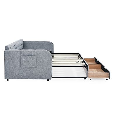 Trikiousd Twin Size Upholstery Daybed w/Trundle & 2 Drawers, Extendable Sofa Bed Twin to King Design