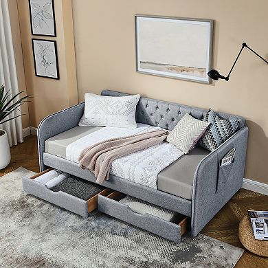 Trikiousd Twin Size Upholstery Daybed w/Trundle & 2 Drawers, Extendable Sofa Bed Twin to King Design