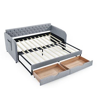 Trikiousd Twin Size Upholstery Daybed w/Trundle & 2 Drawers, Extendable Sofa Bed Twin to King Design