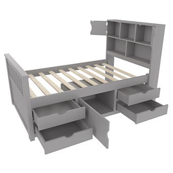 Trikiousd Captain Platform Bed Frame Wooden Storage Bed with 4 Drawers & Bookcase Headboard