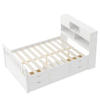 Trikiousd Captain Platform Bed Frame Wooden Storage Bed with 4 Drawers & Bookcase Headboard