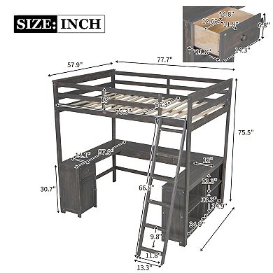 Trikiousd Full Size Loft Bed with U-Shaped Desk, Solid Wood Frame with Drawers & Storage Shelves