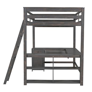 Trikiousd Full Size Loft Bed with U-Shaped Desk, Solid Wood Frame with Drawers & Storage Shelves