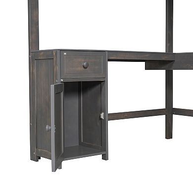 Trikiousd Full Size Loft Bed with U-Shaped Desk, Solid Wood Frame with Drawers & Storage Shelves