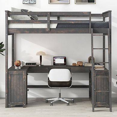 Trikiousd Full Size Loft Bed with U-Shaped Desk, Solid Wood Frame with Drawers & Storage Shelves