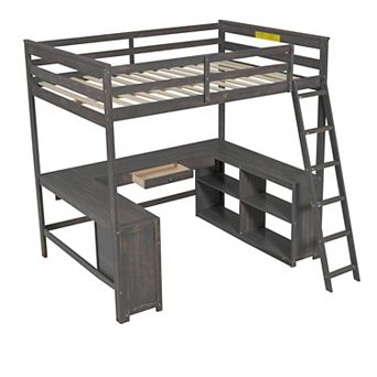 Trikiousd Full Size Loft Bed with U-Shaped Desk, Solid Wood Frame with Drawers & Storage Shelves