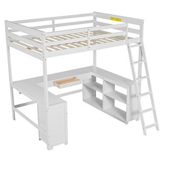 Trikiousd Full Size Loft Bed with U-Shaped Desk, Solid Wood Frame with Drawers & Storage Shelves