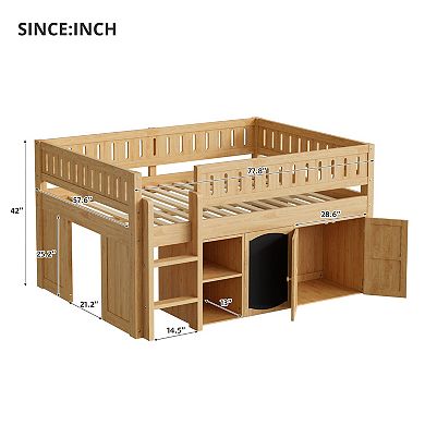 Trikiousd Full Size Kids Low Loft Bed Modern Wood Bed Frame with Storage Cabinet & Chalkboard Panel