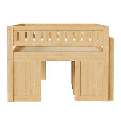 Trikiousd Full Size Kids Low Loft Bed Modern Wood Bed Frame with Storage Cabinet & Chalkboard Panel