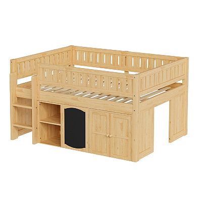 Trikiousd Full Size Kids Low Loft Bed Modern Wood Bed Frame with Storage Cabinet & Chalkboard Panel