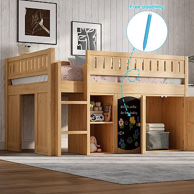 Trikiousd Full Size Kids Low Loft Bed Modern Wood Bed Frame with Storage Cabinet & Chalkboard Panel