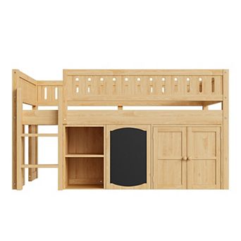 Trikiousd Full Size Kids Low Loft Bed Modern Wood Bed Frame with Storage Cabinet & Chalkboard Panel