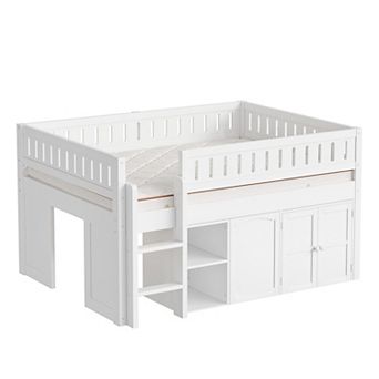 Trikiousd Full Size Kids Low Loft Bed Modern Wood Bed Frame with Storage Cabinet & Chalkboard Panel