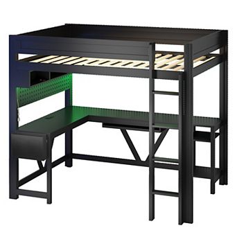 Trikiousd Wood Full Size Loft Bed Gaming Bed Frame w/ Desk, Storage Shelves, LED & Charging Station