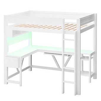 Trikiousd Wood Full Size Loft Bed Gaming Bed Frame w/ Desk, Storage Shelves, LED & Charging Station