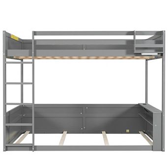 Trikiousd LED Queen Size Low Floor Bunk Bed w/ Built-in Shelves, Storage Box & USB Charging Station