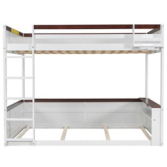 Trikiousd LED Queen Size Low Floor Bunk Bed w/ Built-in Shelves, Storage Box & USB Charging Station