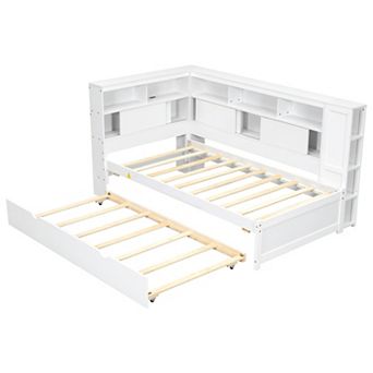 Trikiousd Corner Bed Frame L-Shaped Bookcase Bed Wood Twin Size Daybed with Trundle and USB